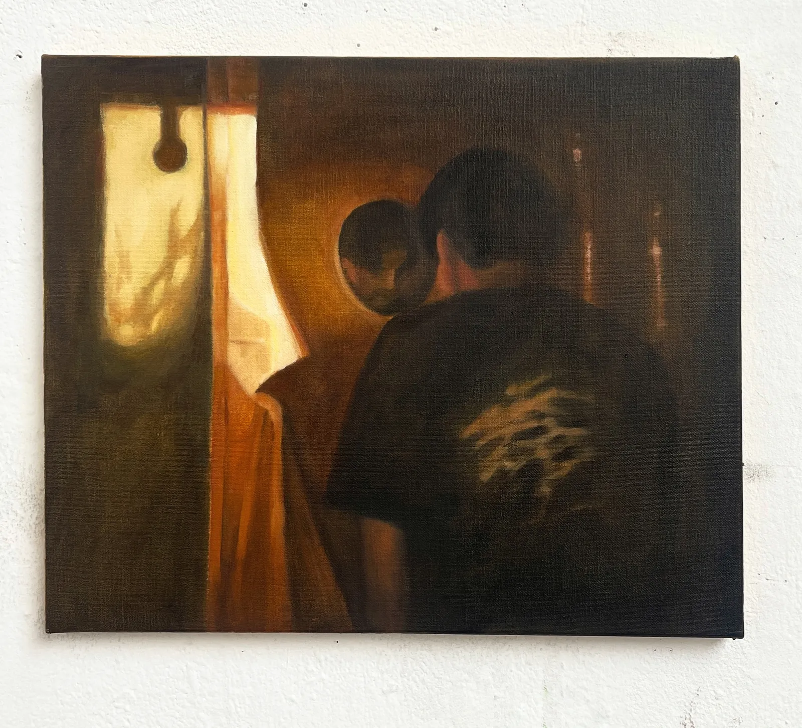 Image of Him  by Yeva Khrapova, size: 35x50, made of oil on canvas, Painting medium, from Paris, part of the Bathroom mirrors series, priced at €300