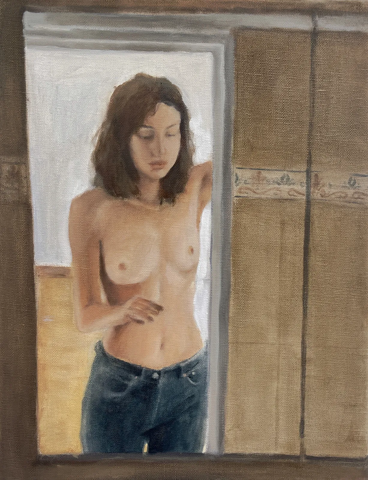 Image of Salle de Bain series1 by Yeva Khrapova, size: 20x30cm, made of oil on canvas, Painting medium, from Paris, part of the Bathroom mirrors series, priced at €350 Photo 2 of 2.