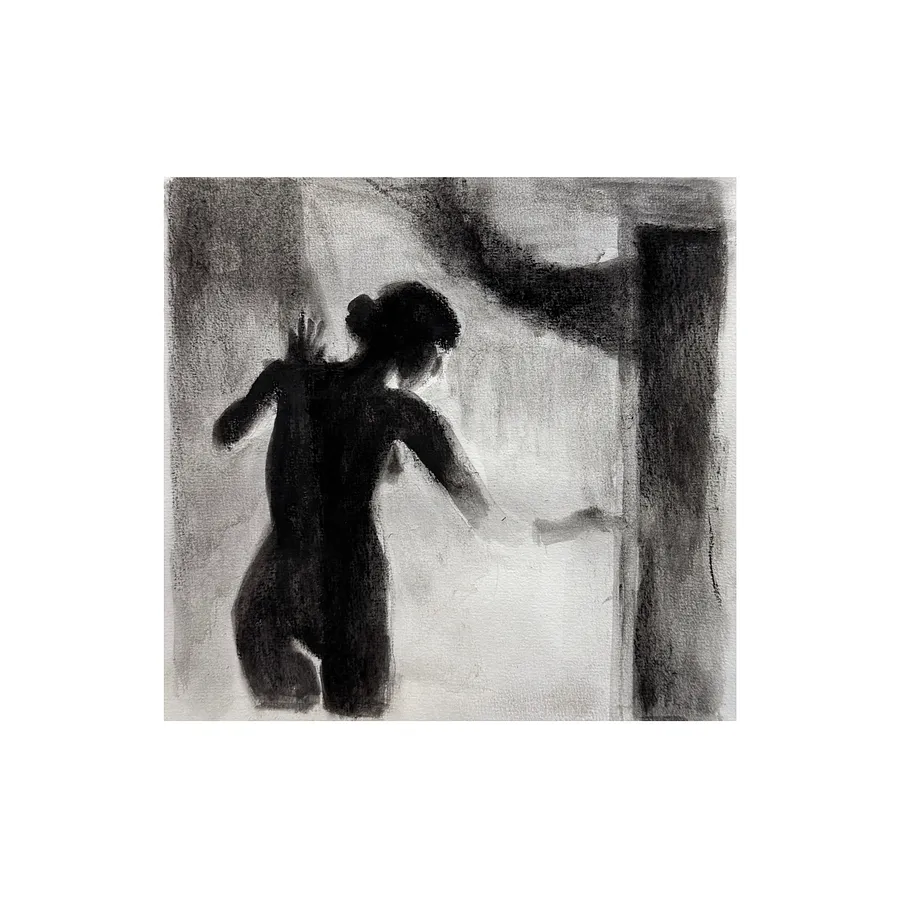 Image of Behind an open doors by Yeva Khrapova, size: 15x15, made of Charcoal, pastel, Graphics medium, from Paris, priced at €300
